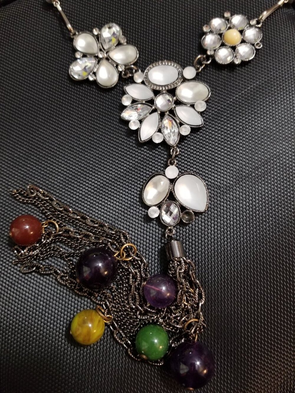 Crystal-Flower; Plastic-Oval-Rings; and Tassel-with-"Grapes" Necklace
